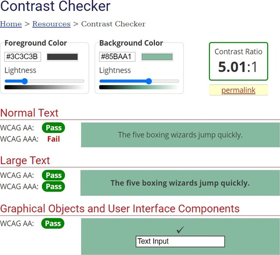 Example of using WebAIM's Color Contrast Checker with green and dark grey